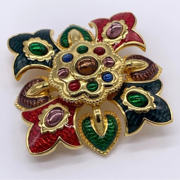 Joan Rivers Cabachon and Enamel Maltese Cross Brooch